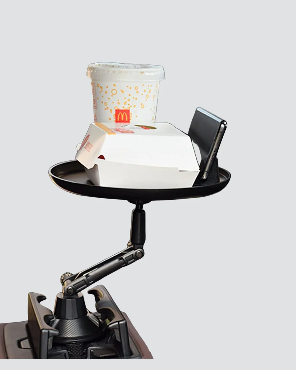 360° Döner Araç Bardaklık Tepsisi - Geniş Yemek Alanlı Telefon Standlı Organizatör