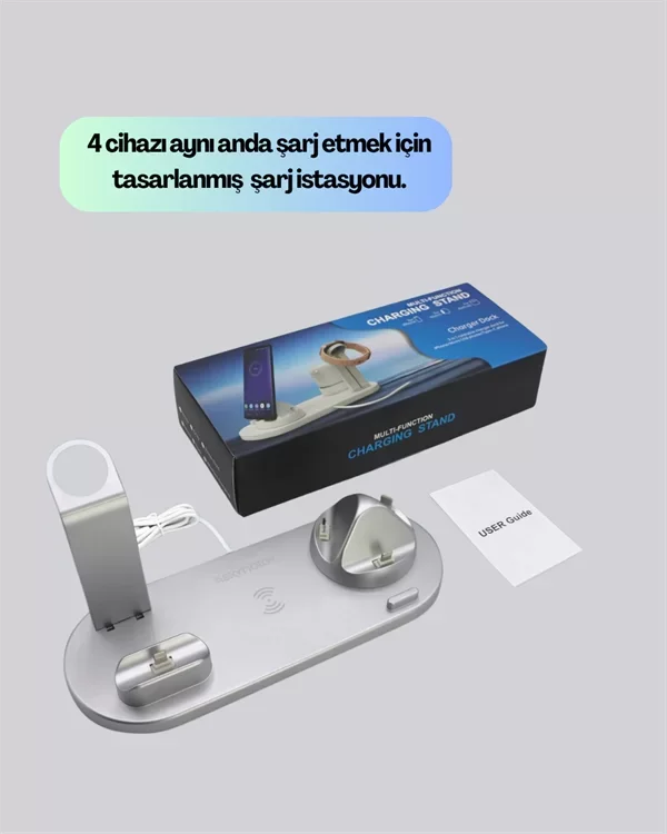 360° Döner Kablosuz Şarj Standı - 3 Uyumluluklu ve USB Portlu Kaymaz Tabanlı Şarj Cihazı