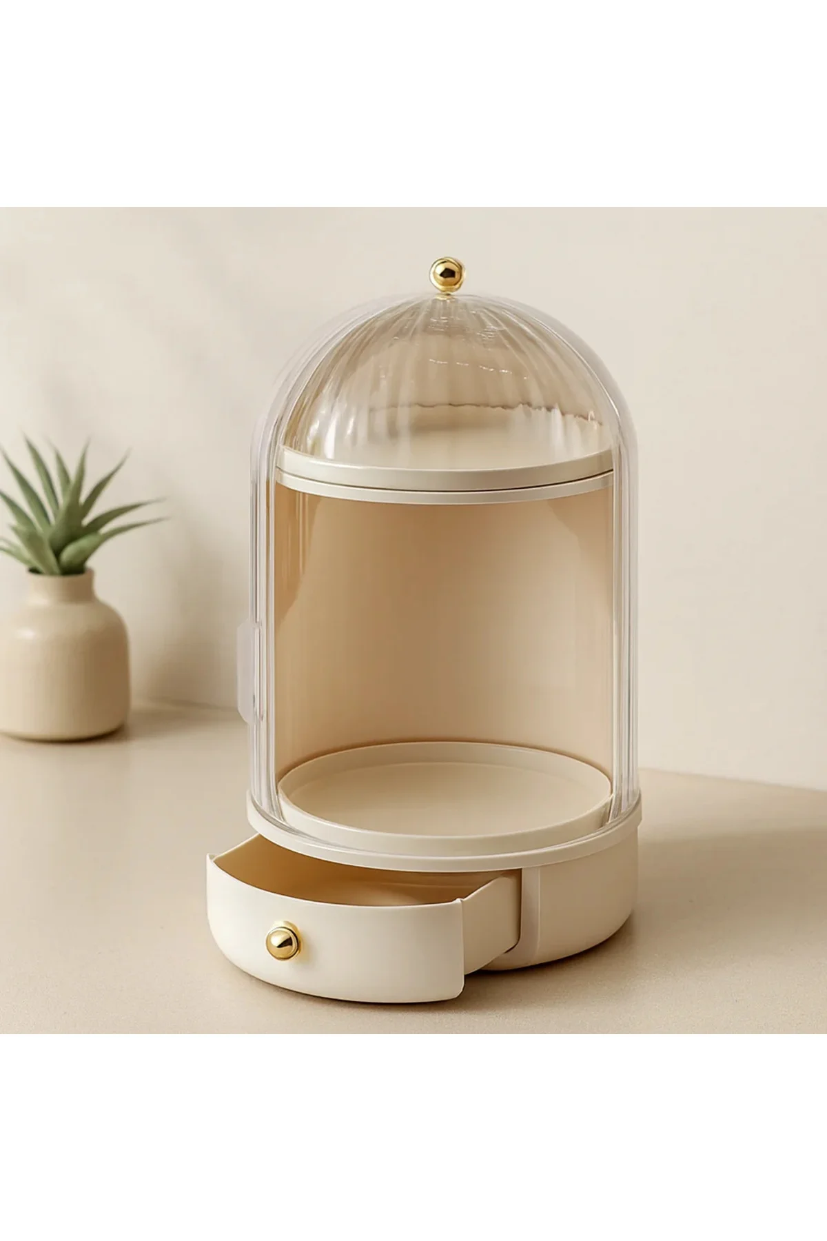 360° Döner Kozmetik Organizer - Şeffaf Kapaklı Çekmeceli