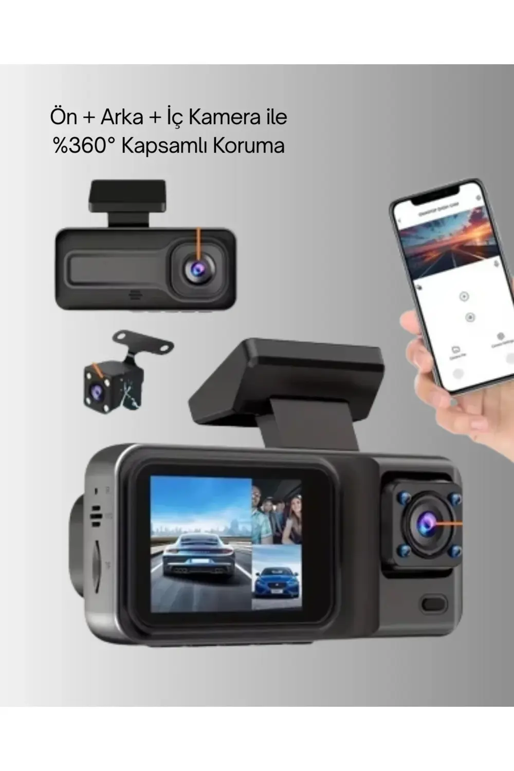 360° Kapsama Sahip Full HD Araç Kamerası 3’lü Kayıt Gece Görüşlü