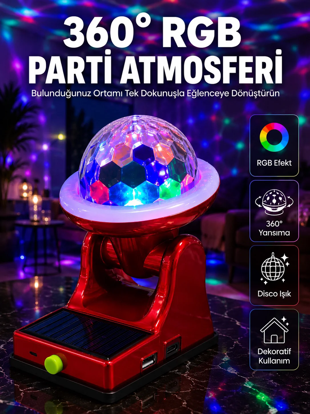 360° RGB LED Disco Işığı Ayarlanabilir Başlıklı Güneş Enerjili Projektör Lamba Fiyatı, Yorumları ve Özellikleri
