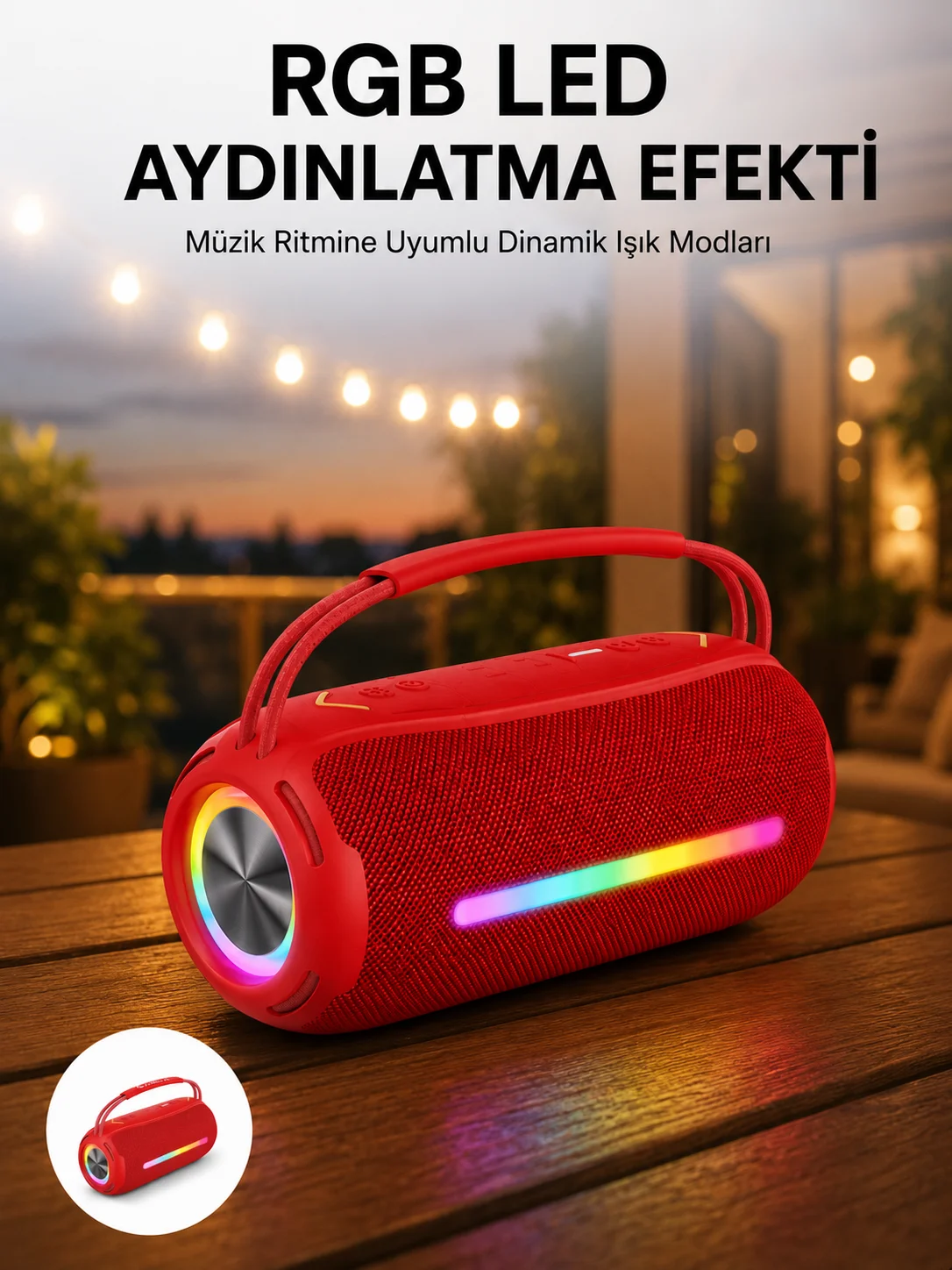 360 RGB LED'li Taşınabilir Bluetooth Hoparlör – Kırmızı, USB/TF Destekli 360 RGB LED'li Taşınabilir Bluetooth Hoparlör – Kırmızı, USB/TF Destekli