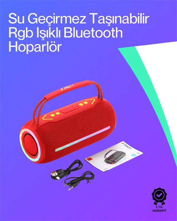 360 RGB LED'li Taşınabilir Bluetooth Hoparlör – Kırmızı USB/TF De