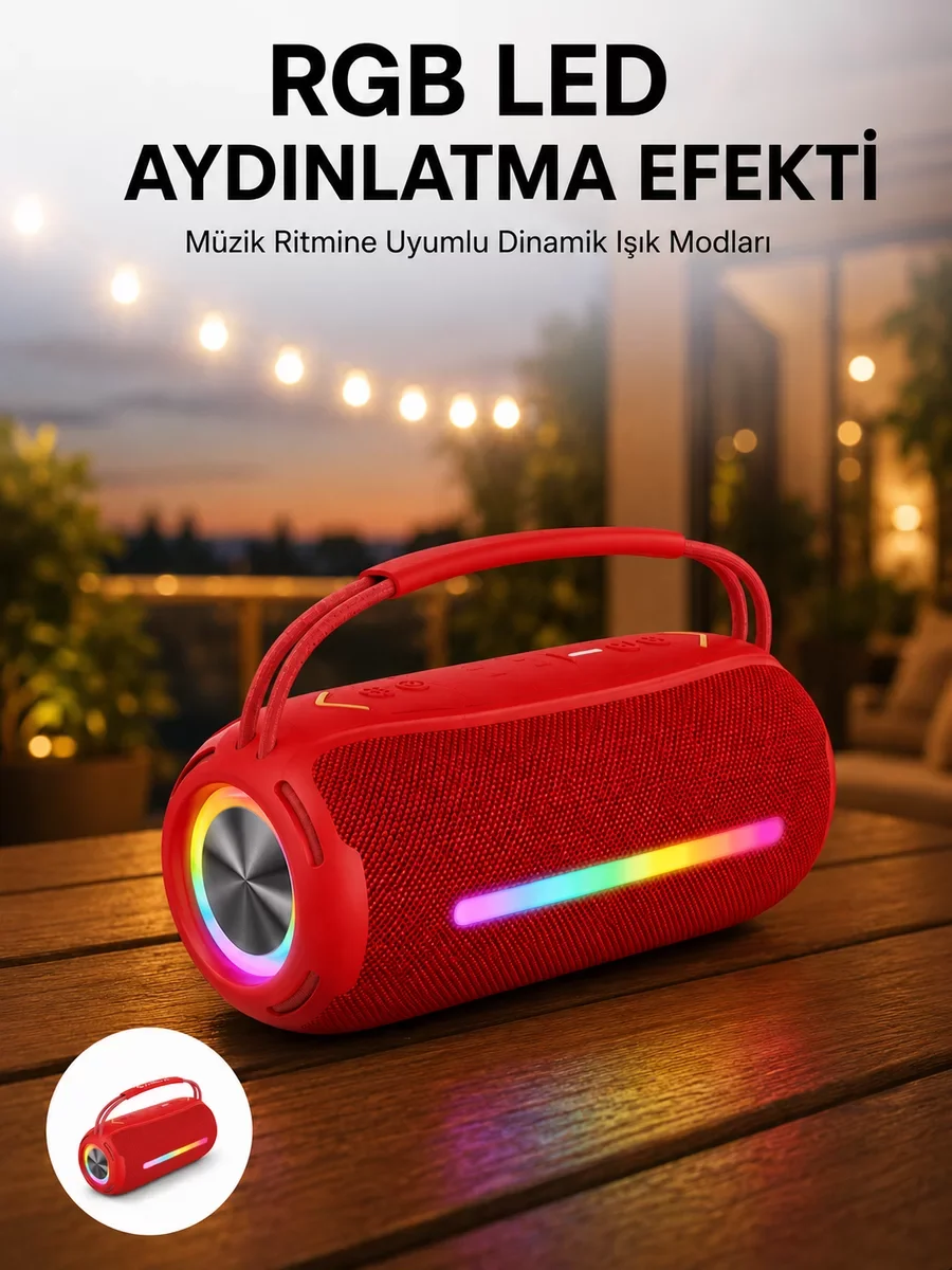 360 RGB LED'li Taşınabilir Bluetooth Hoparlör – Kırmızı USB/TF Destekli