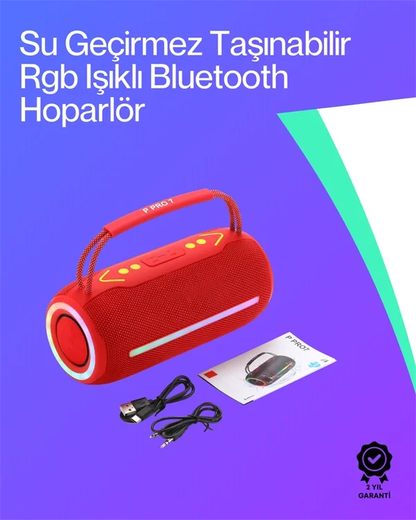 360 RGB LED'li Taşınabilir Bluetooth Hoparlör – Kırmızı, USB/TF D