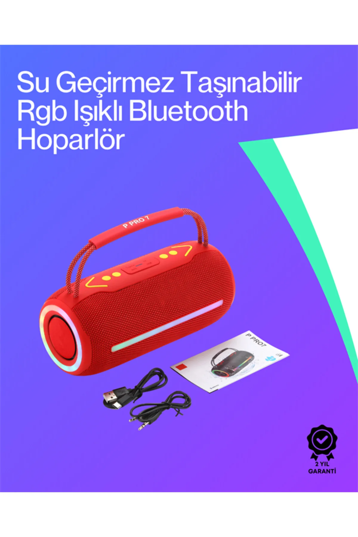 360 RGB LED'li Taşınabilir Bluetooth Hoparlör – Kırmızı, USB/TF D