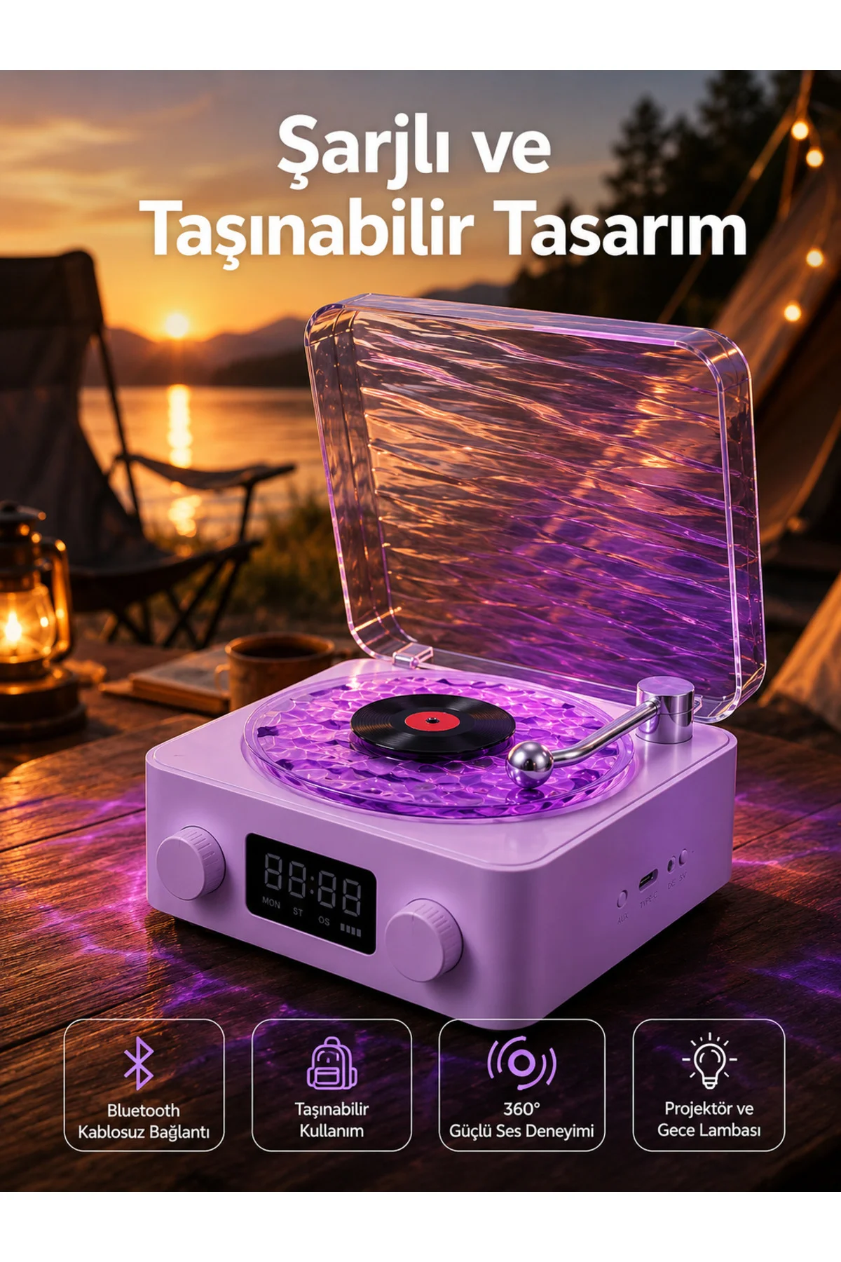 360° Sesli Kablosuz Hoparlör – Retro Tasarım ve Projektör Işığı 360° Sesli Kablosuz Hoparlör – Retro Tasarım ve Projektör Işığı