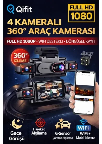 360 WiFi Quad Araç Kamerası – 4 Kamera ile Tam Koruma