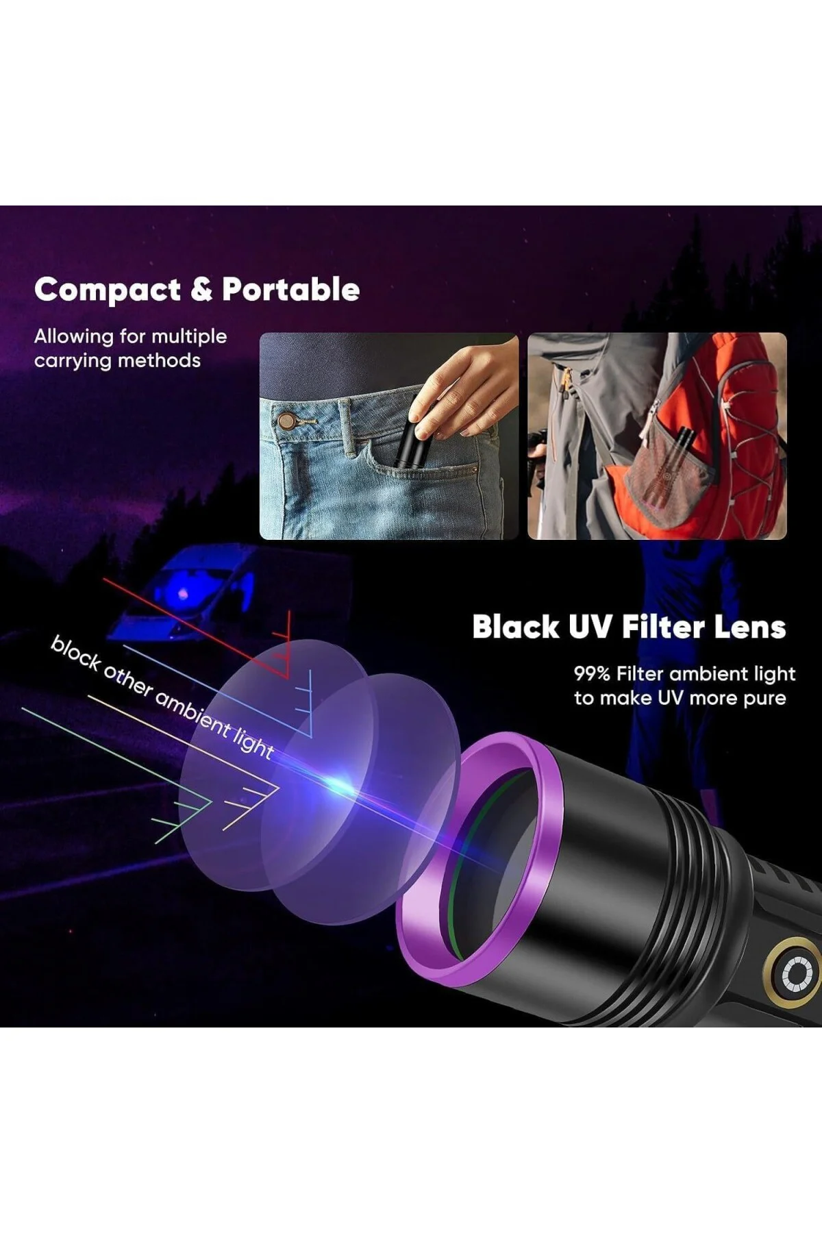 365nm LED UV El Feneri 20W Güç | 3000mAh Şarjlı Alüminyum Gövde P
