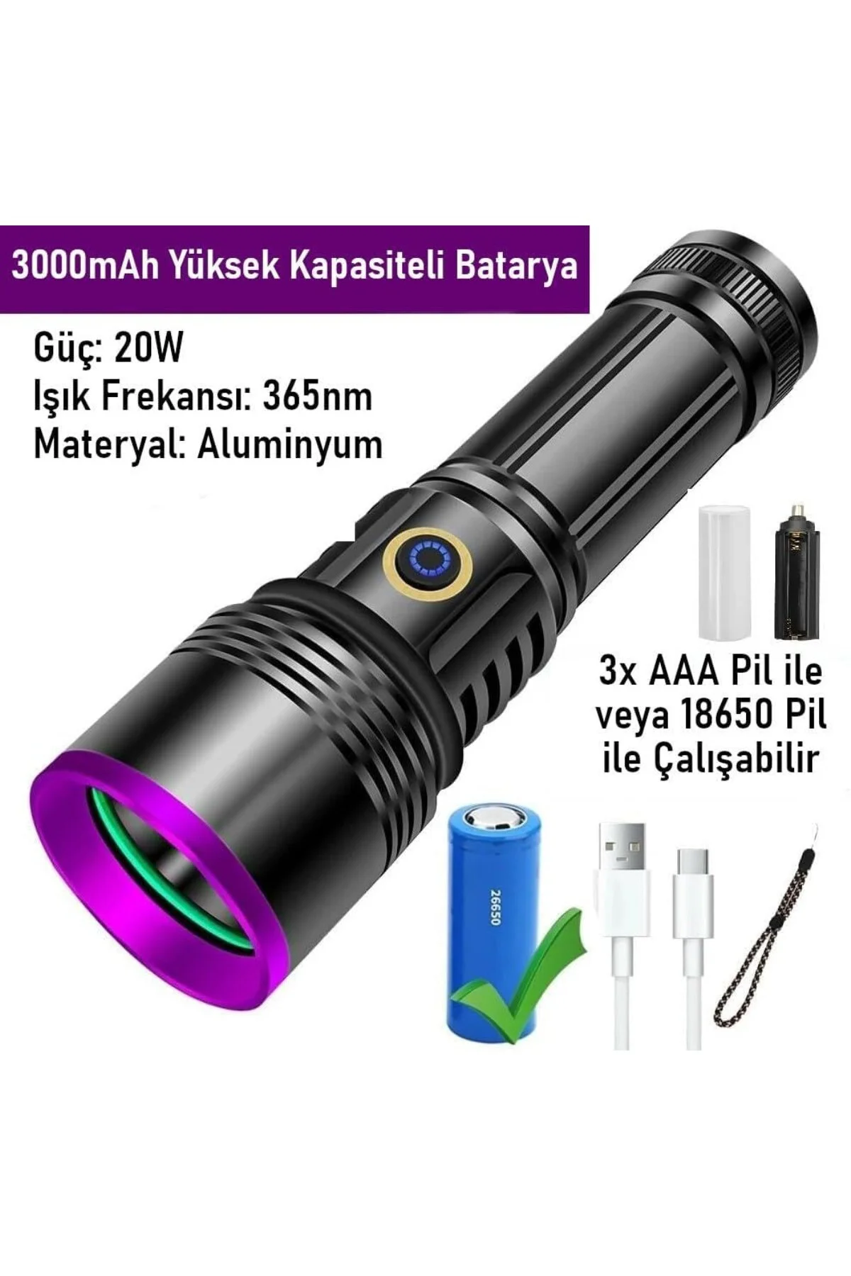 365nm LED UV El Feneri 20W Güç | 3000mAh Şarjlı Alüminyum Gövde P