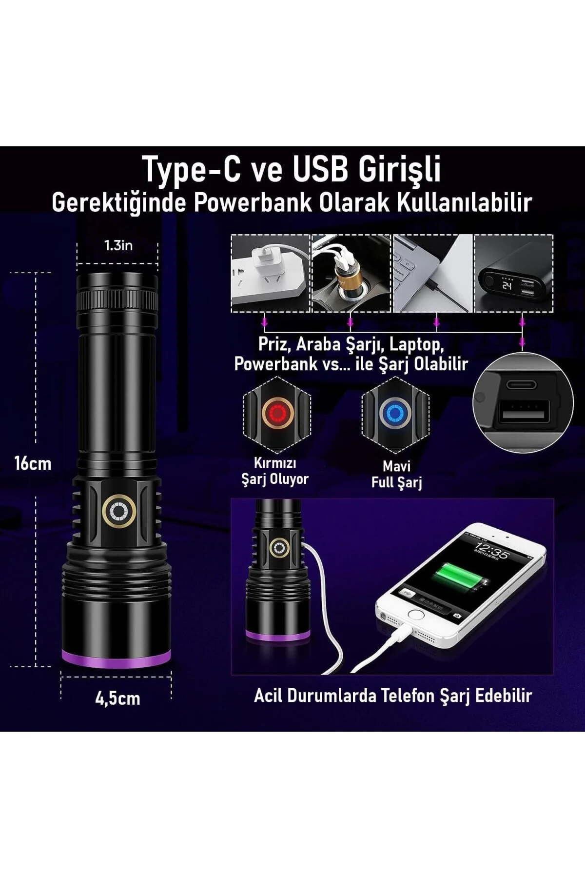 365nm LED UV El Feneri 20W Güç | 3000mAh Şarjlı Alüminyum Gövde P