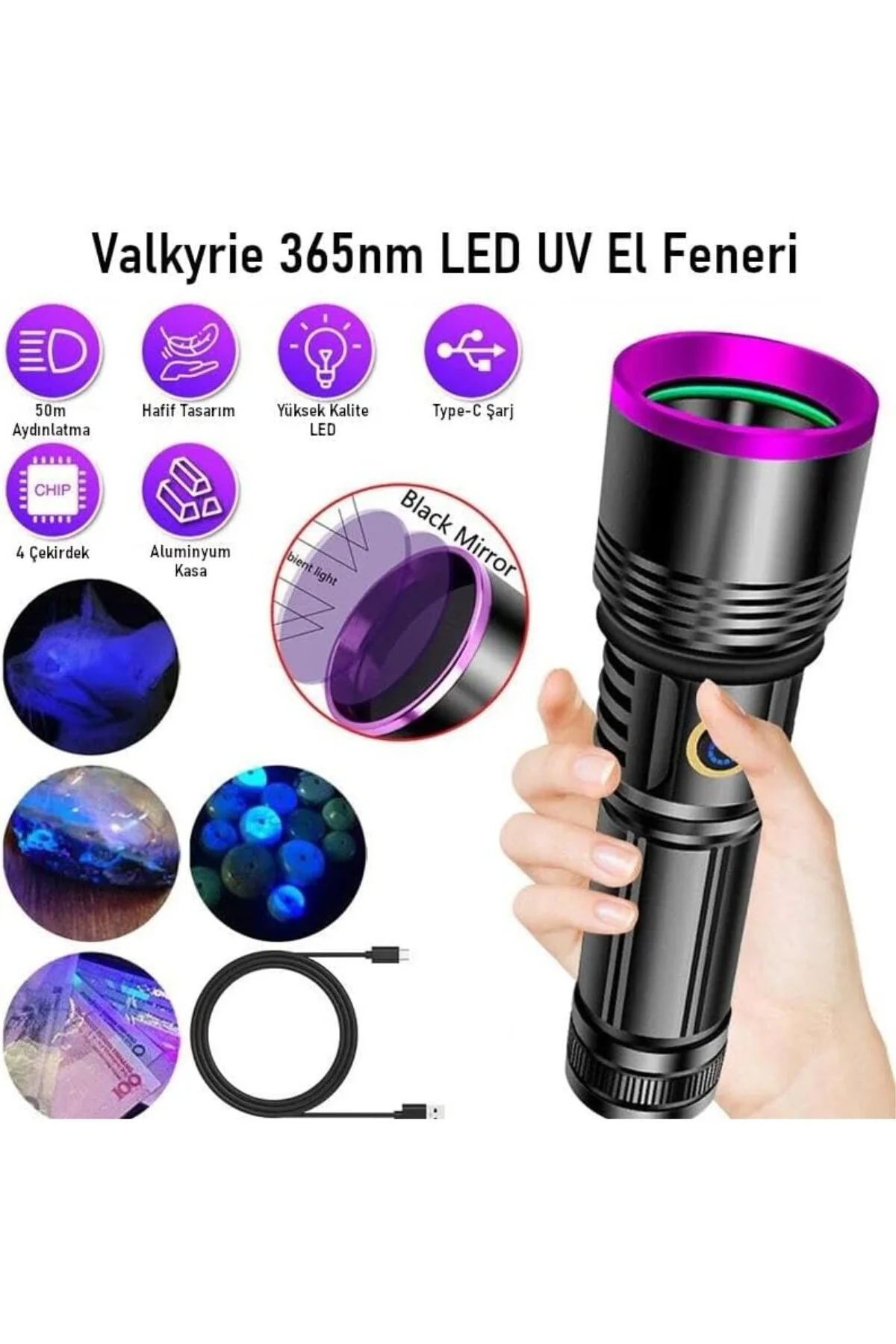 365nm LED UV El Feneri 20W Güç | 3000mAh Şarjlı Alüminyum Gövde P