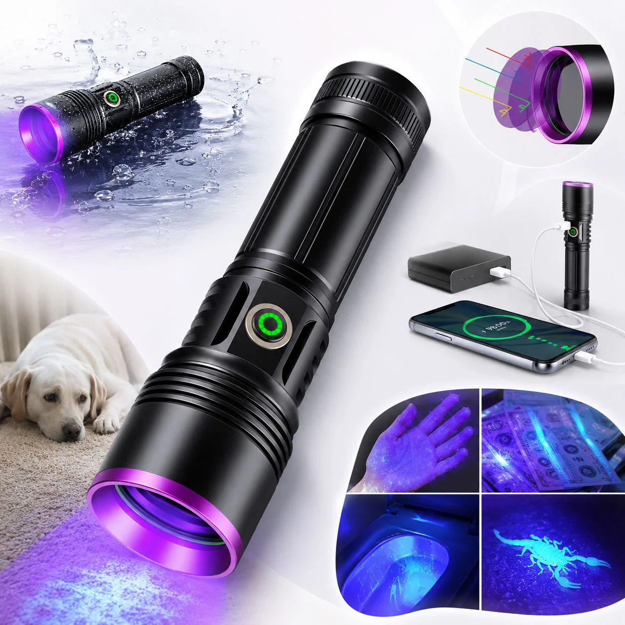 365nm UV Siyah Işık El Feneri – 20W Güçlü LED, Type-C Şarjlı, IP65 Dayanıklı Gövde