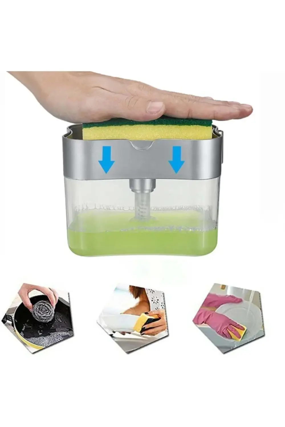 380ml Hazneli Sıvı Sabunluk Ve Bulaşık Süngeri Pratik Pompalı Det