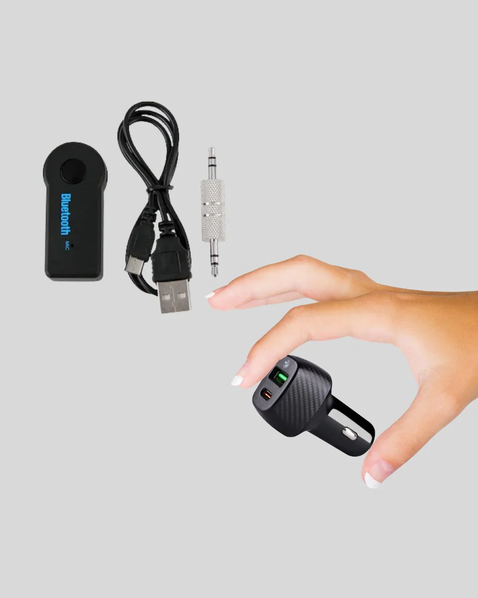 38W Hızlı Araç Şarj Cihazı Seti - Bluetooth AUX Adaptörü ve Çift Şarj Özelliği