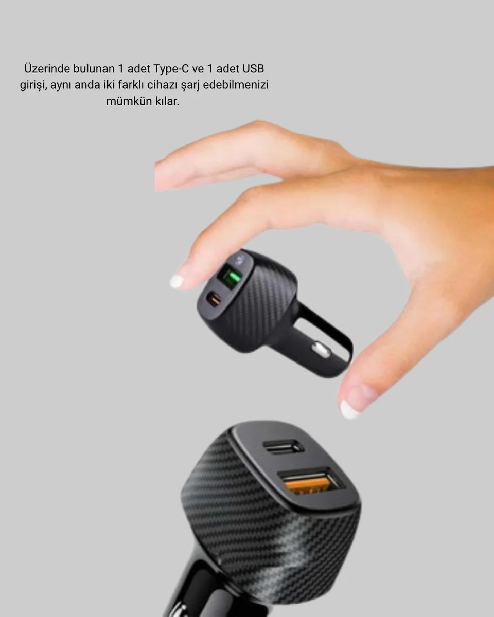 38W Hızlı Şarj Araç Cihazı Type-C + USB Çift Çıkışlı - PD Destekli