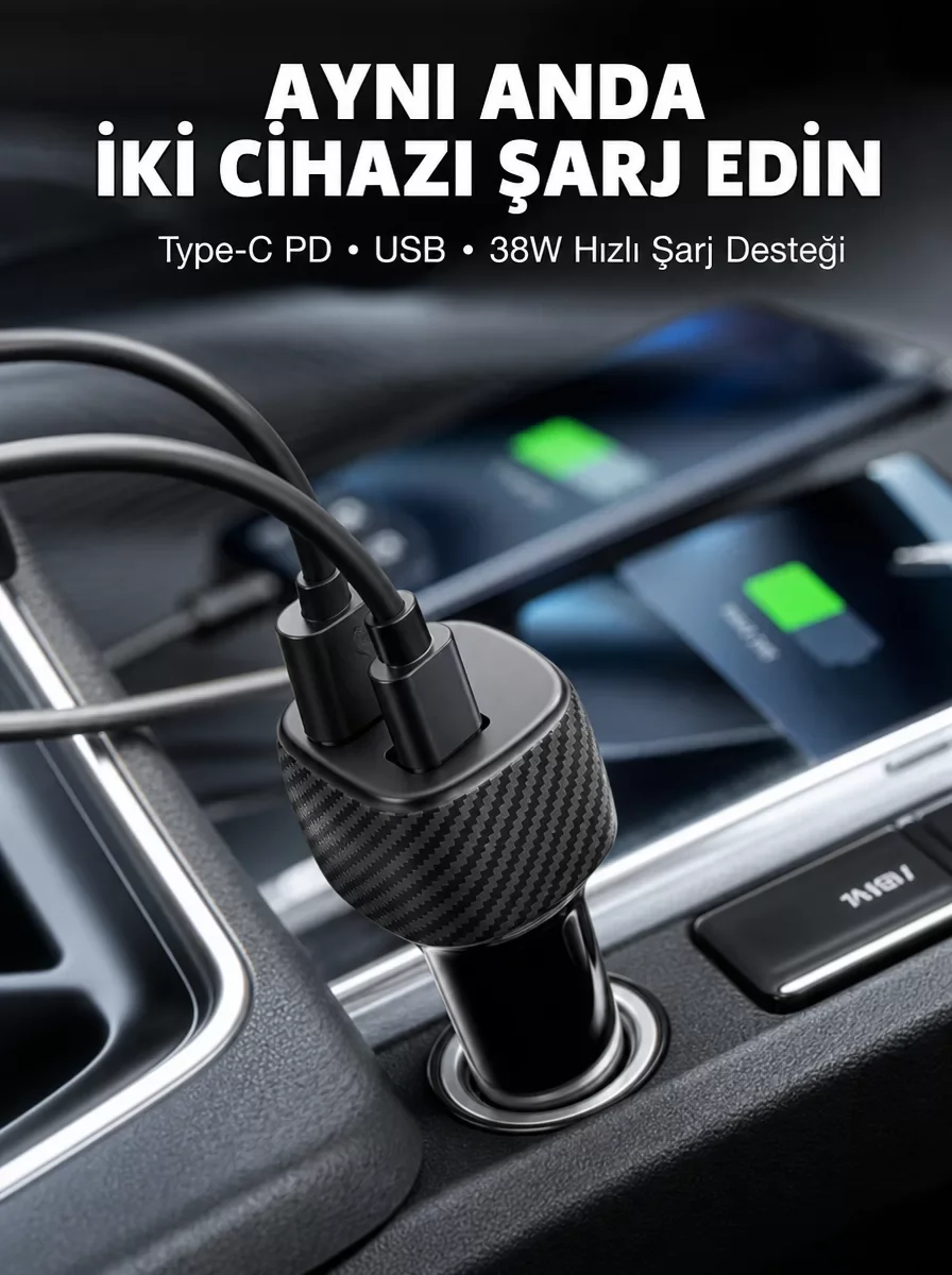 38W Hızlı Şarj Oto Çakmaklık Cihazı - Type-C & USB ile Çift Şarj Desteği