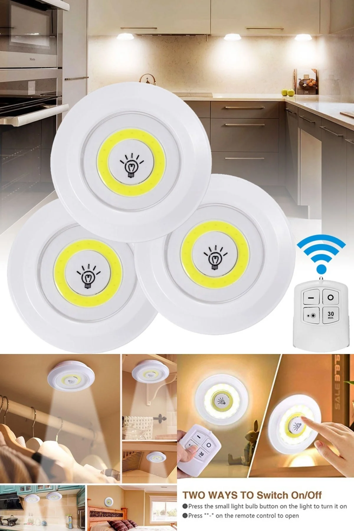 3&amp;apos;lü Uzaktan Kumandalı Pilli Yapışkanlı Kablosuz Led Spot Lambalar Bx40