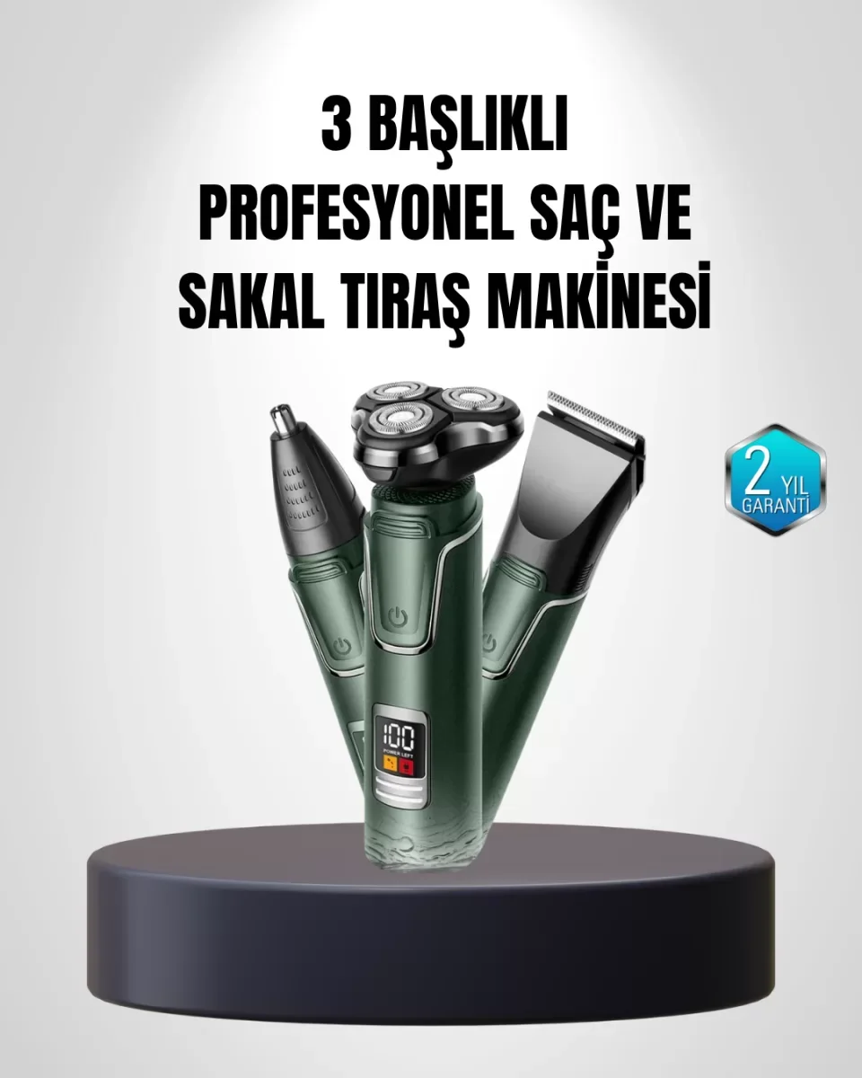 3D Akıllı Kesim Teknolojili Şarjlı Tıraş Seti – 3 Başlıklı, Pasla
