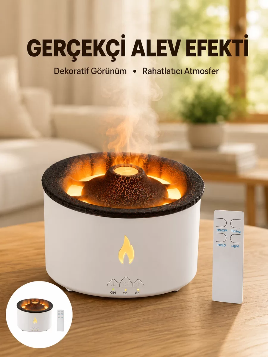 3D Alev Efektli Hava Nemlendirici – Uzaktan Kumandalı, 8 Saat Süreli ve Sessiz Yeni Nesil Nemlendirici