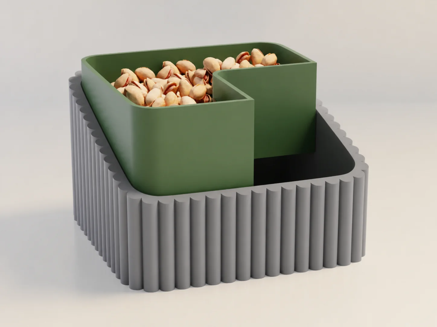 3D Baskı Fıstık Kasesi - Çift Hazneli Kabuk Ayırıcı Sunum Kasesi - Gri Yeşil 3D Baskı Fıstık Kasesi - Çift Hazneli Kabuk Ayırıcı Sunum Kasesi - Gri Yeşil