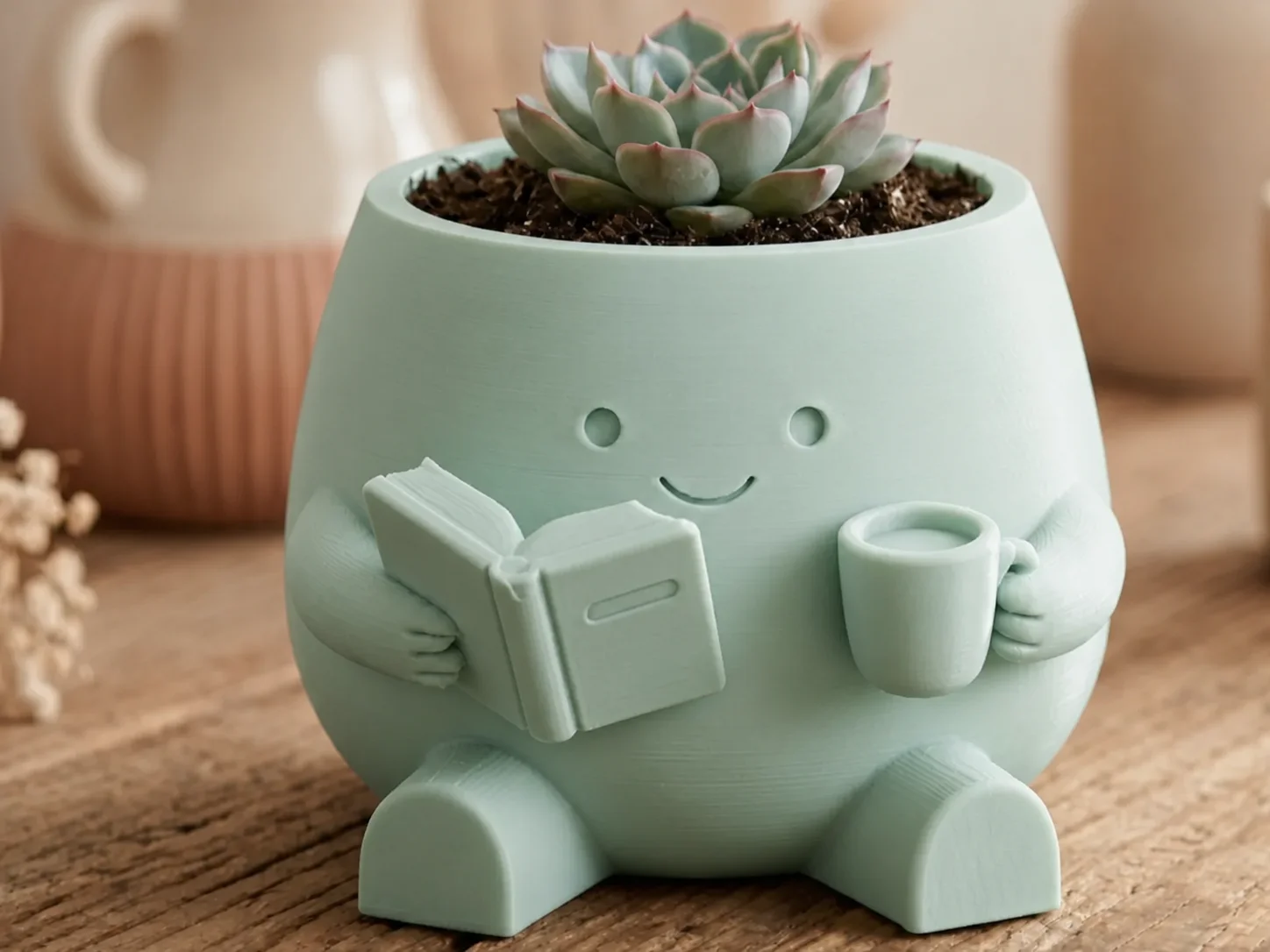 3D Baskı Kitap Okuyan Saksı - Kupa Tutan Sevimli Saksı-Mint 3D Baskı Kitap Okuyan Saksı - Kupa Tutan Sevimli Saksı-Mint