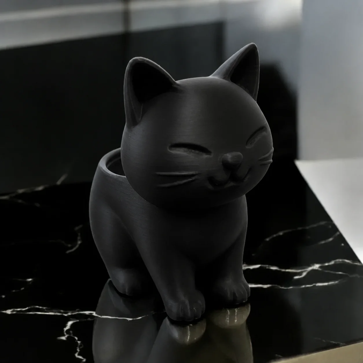 3D Baskı Sevimli Kedi Saksı - Figürlü Sukulent Saksısı-Siyah