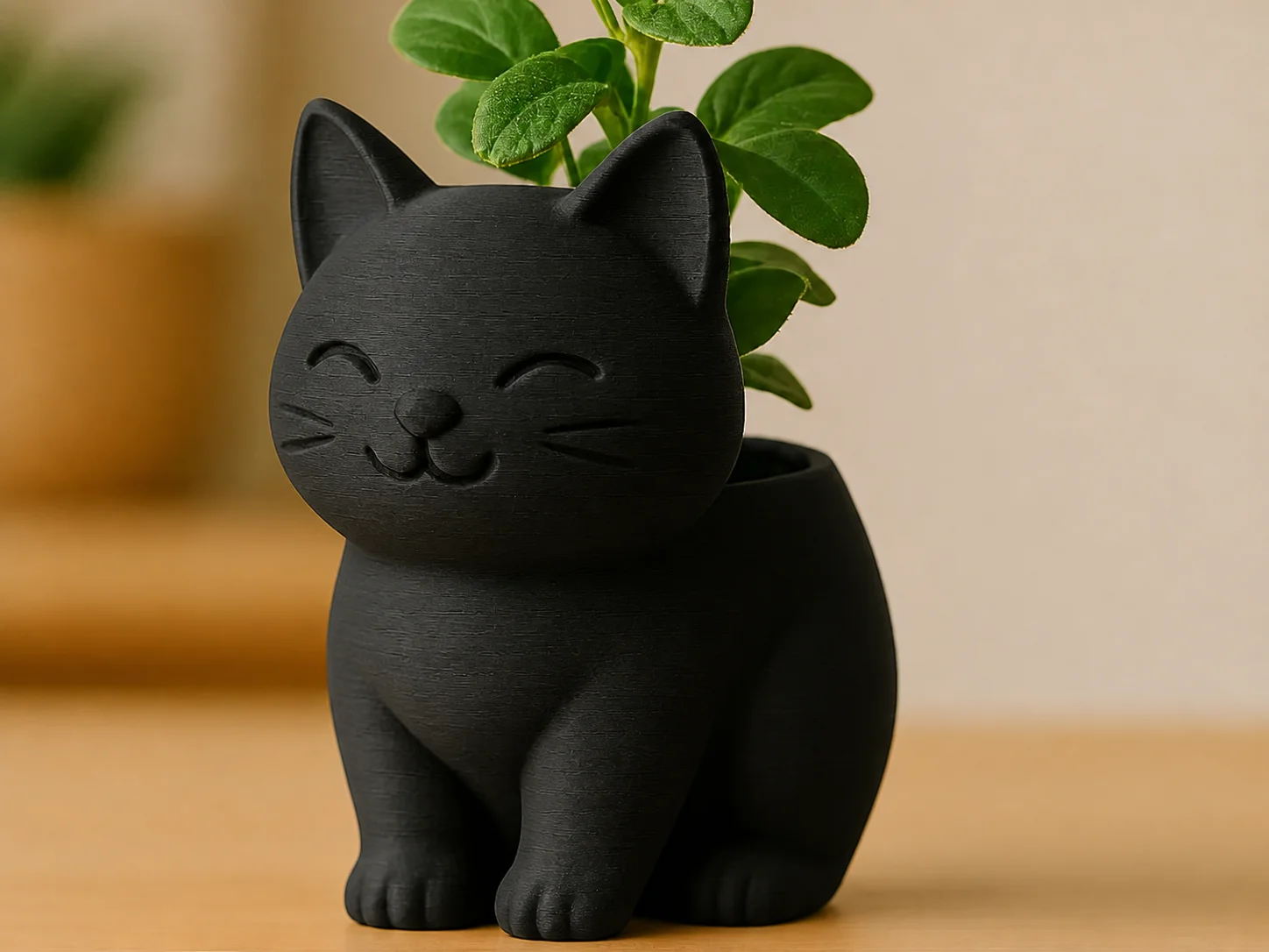 3D Baskı Sevimli Kedi Saksı - Figürlü Sukulent Saksısı-Siyah