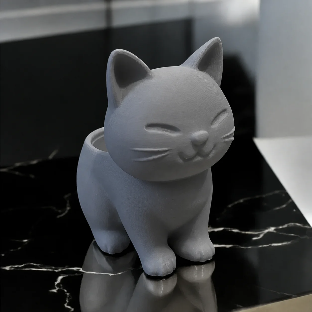 3D Baskı Sevimli Kedi Saksı - Figürlü Sukulent Saksısı-Gri