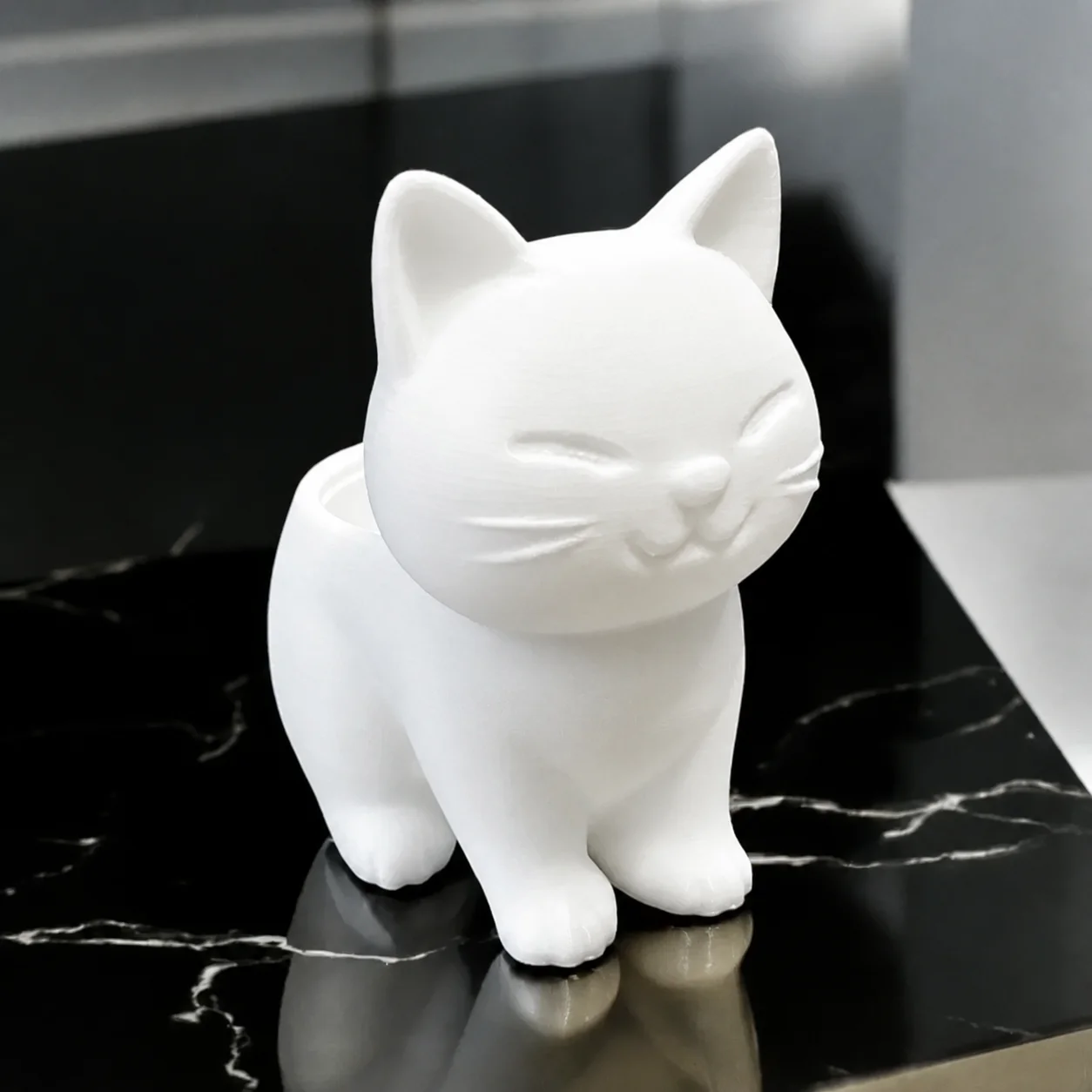 3D Baskı Sevimli Kedi Saksı - Figürlü Sukulent Saksısı-Beyaz