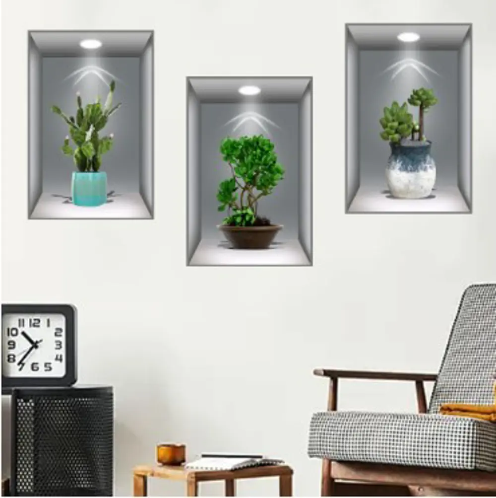 3D Çiçek Vazo Duvar Sticker 3 lü Set GRİ Fon 3D Çiçek Vazo Duvar Sticker 3 lü Set GRİ Fon