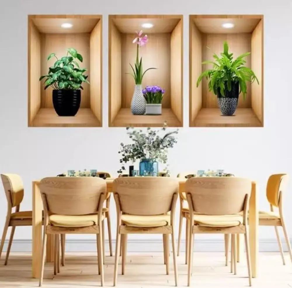 3D Çiçek Vazo Duvar Sticker 3 lü Set Kahverengi Fon 3D Çiçek Vazo Duvar Sticker 3 lü Set Kahverengi Fon