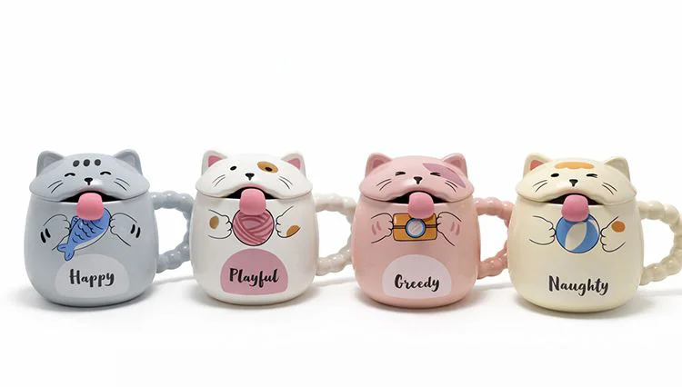 3D Kedi Figürlü Kapaklı Seramik Kaşıklı Kupa Bardak Seti