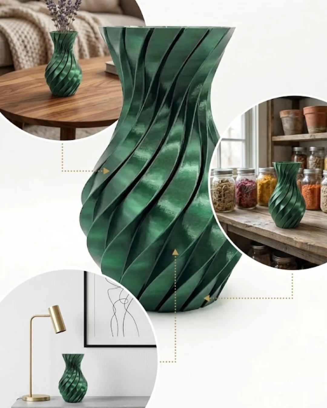3D Spiral Yeşil Vazo Modern Tasarım Dekoratif Ev ve Ofis Aksesuar