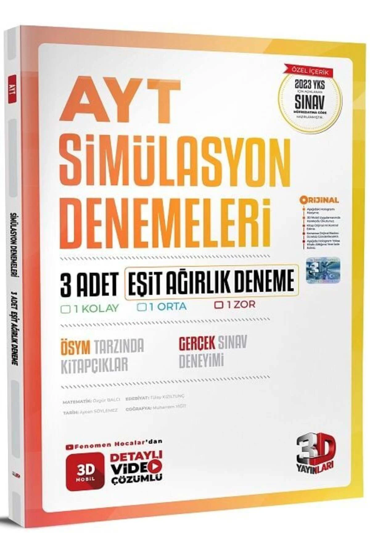 3D Yayınları 2023 YKS AYT Eşit Ağırlık Simülasyon 3 Deneme Video Çözümlü 3D Yayınları