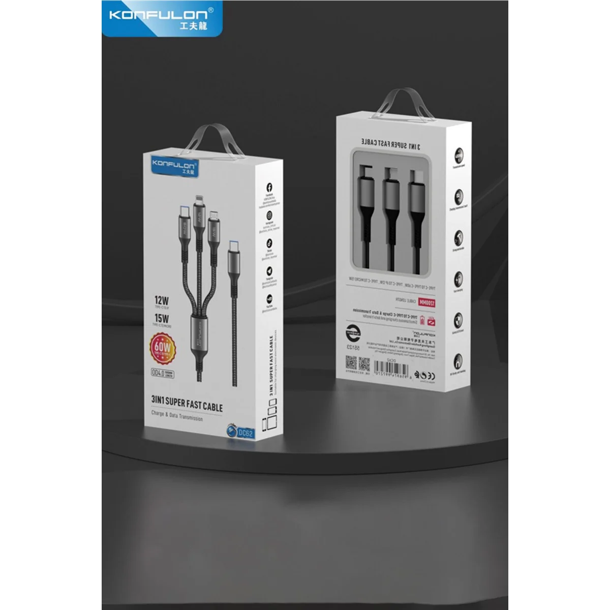3in1 Hızlı Şarj Kablo - Type-C / Lightning / Micro USB 1.2m Siyah Fiyatı, Yorumları ve Özellikleri