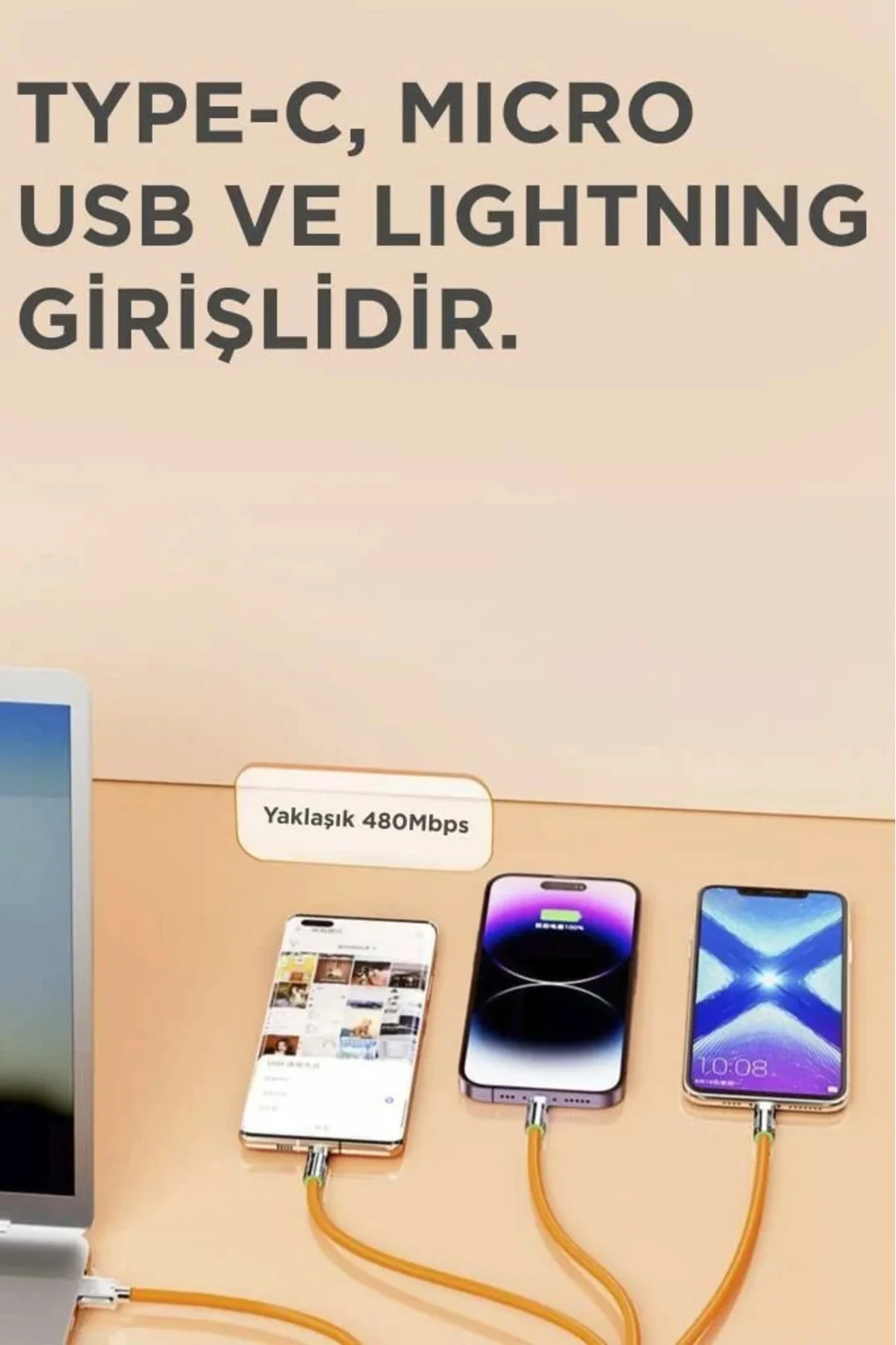 3in1 Type C- Lightning- Micro Usb Silikon 3.0a 1.5m Şarj Ve Data 3in1 Type C- Lightning- Micro Usb Silikon 3.0a 1.5m Şarj Ve Data