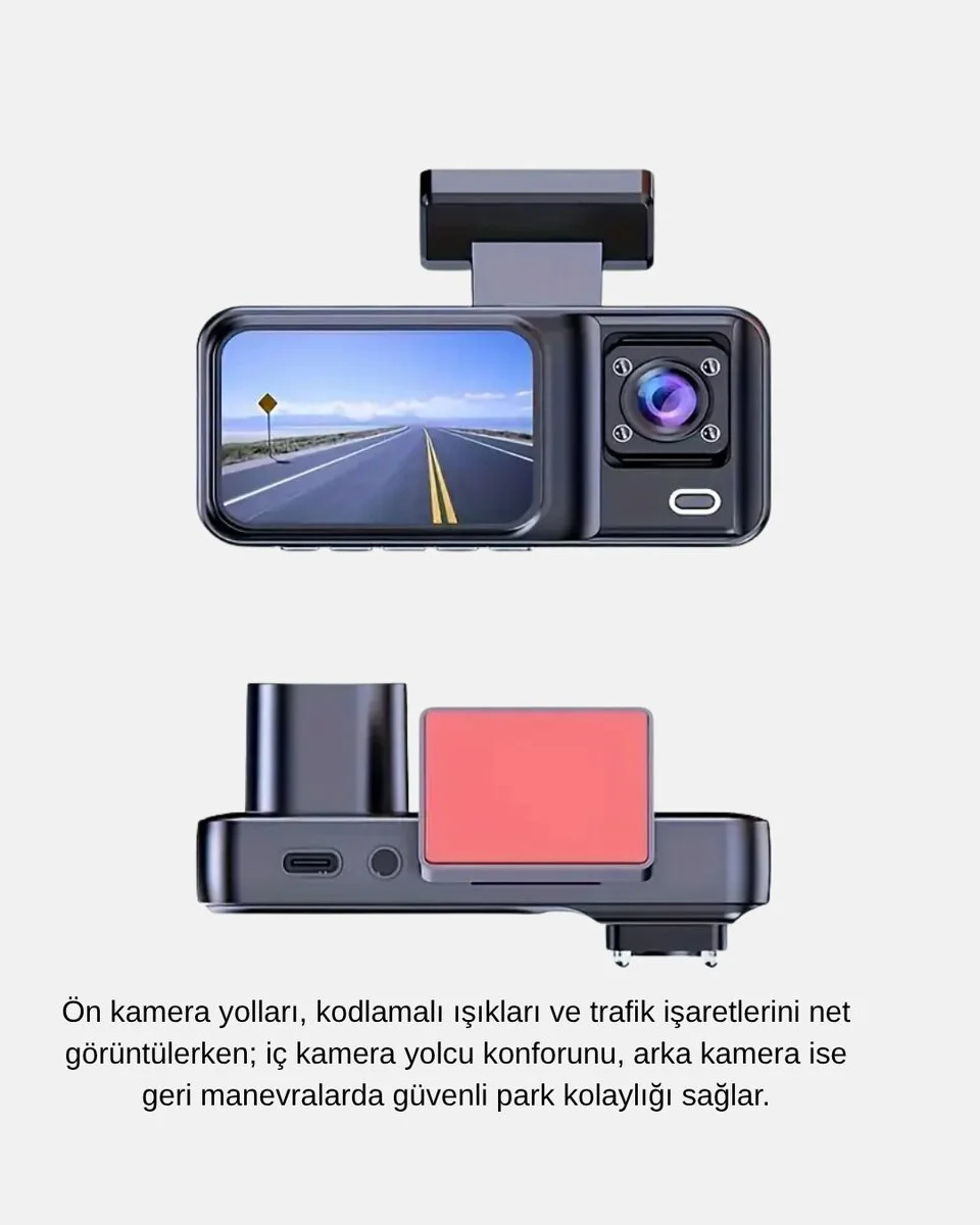 3Kamera Dash Cam 170° Geniş Açılı Full HD Gece Görüşlü Araç Güvenlik Kamerası