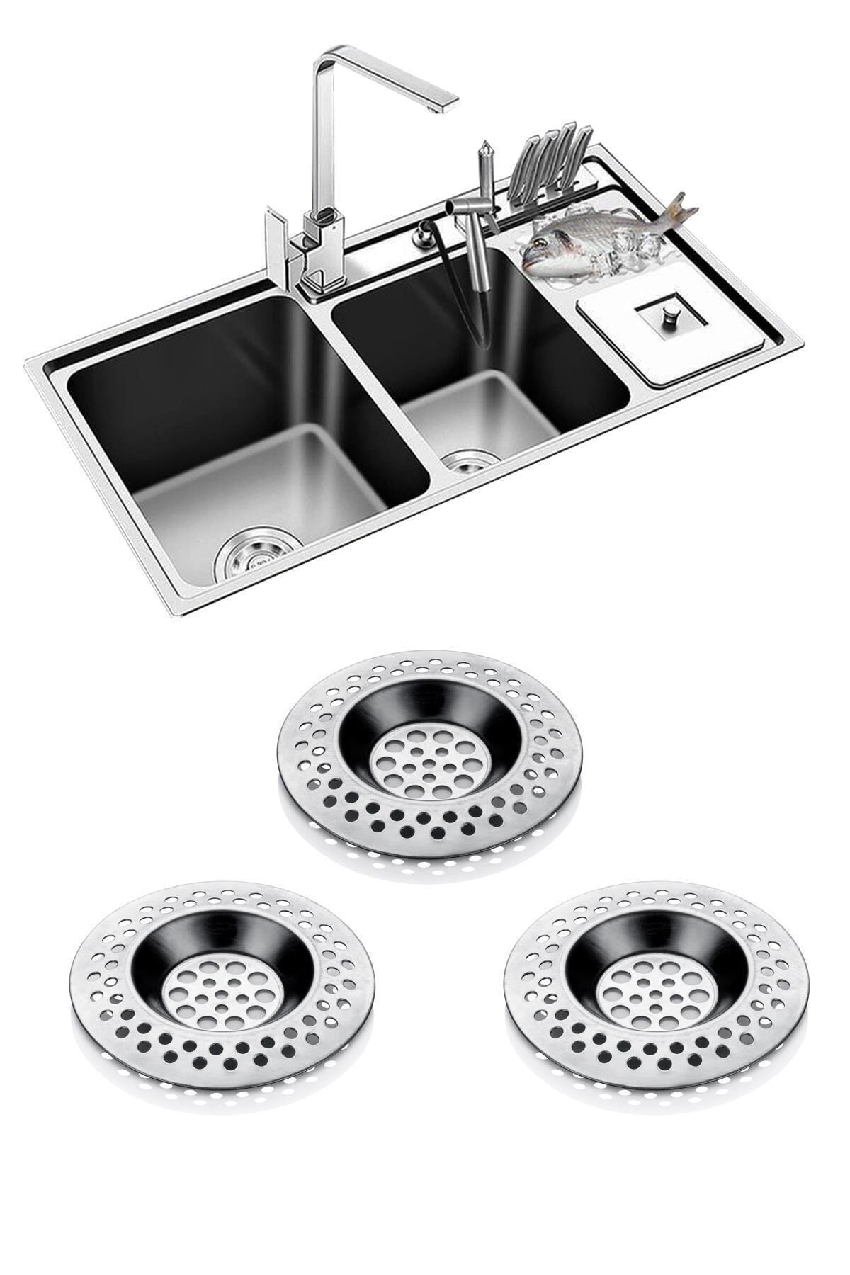 3'li Metal Mutfak Lavabo Süzgeci Paslanmaz 3 Adet Evye 7 CM