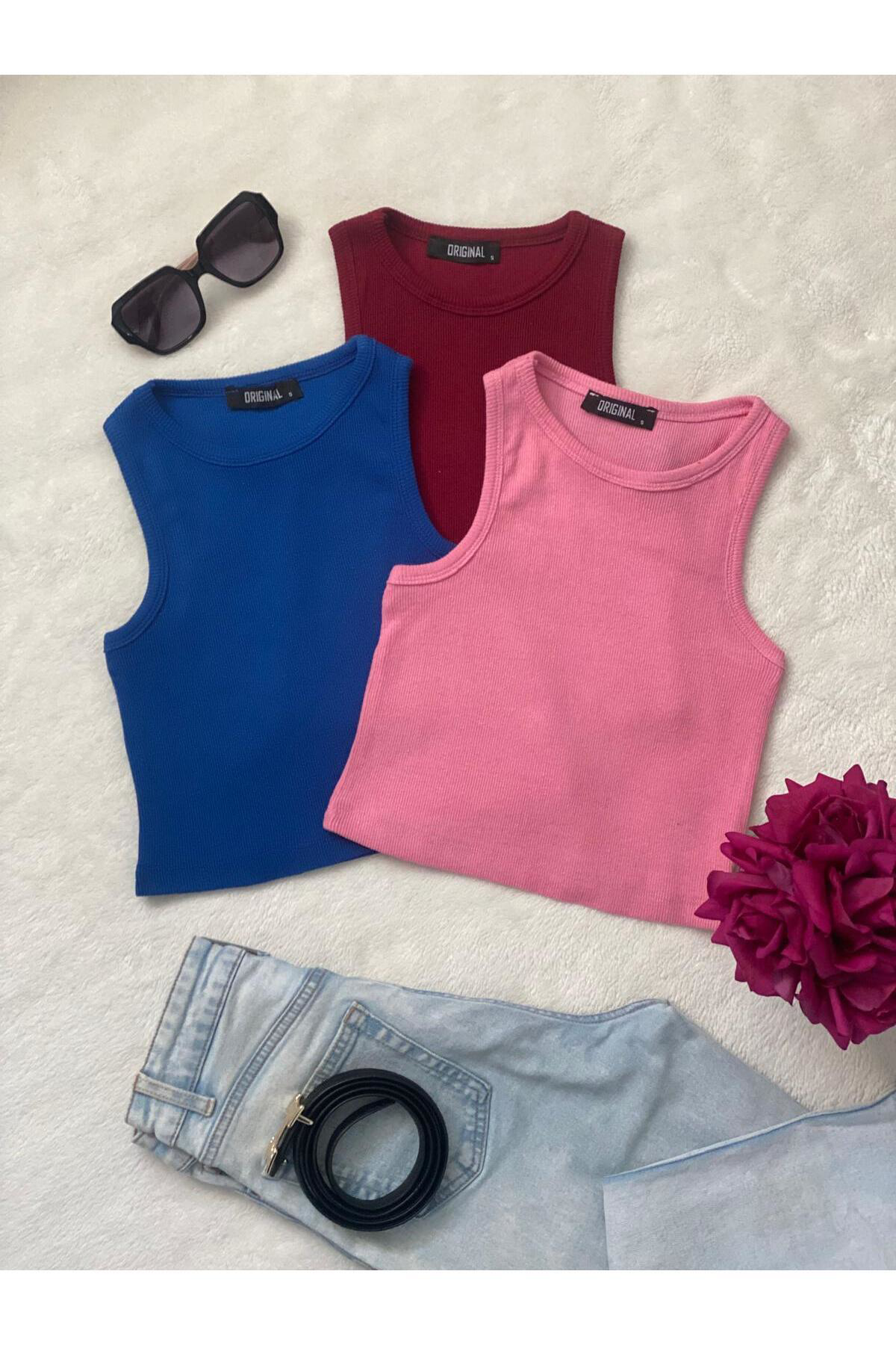 3'lü Adet Kadın Halter Yaka Fitilli Askılı Sıfır Kol Crop Bluz