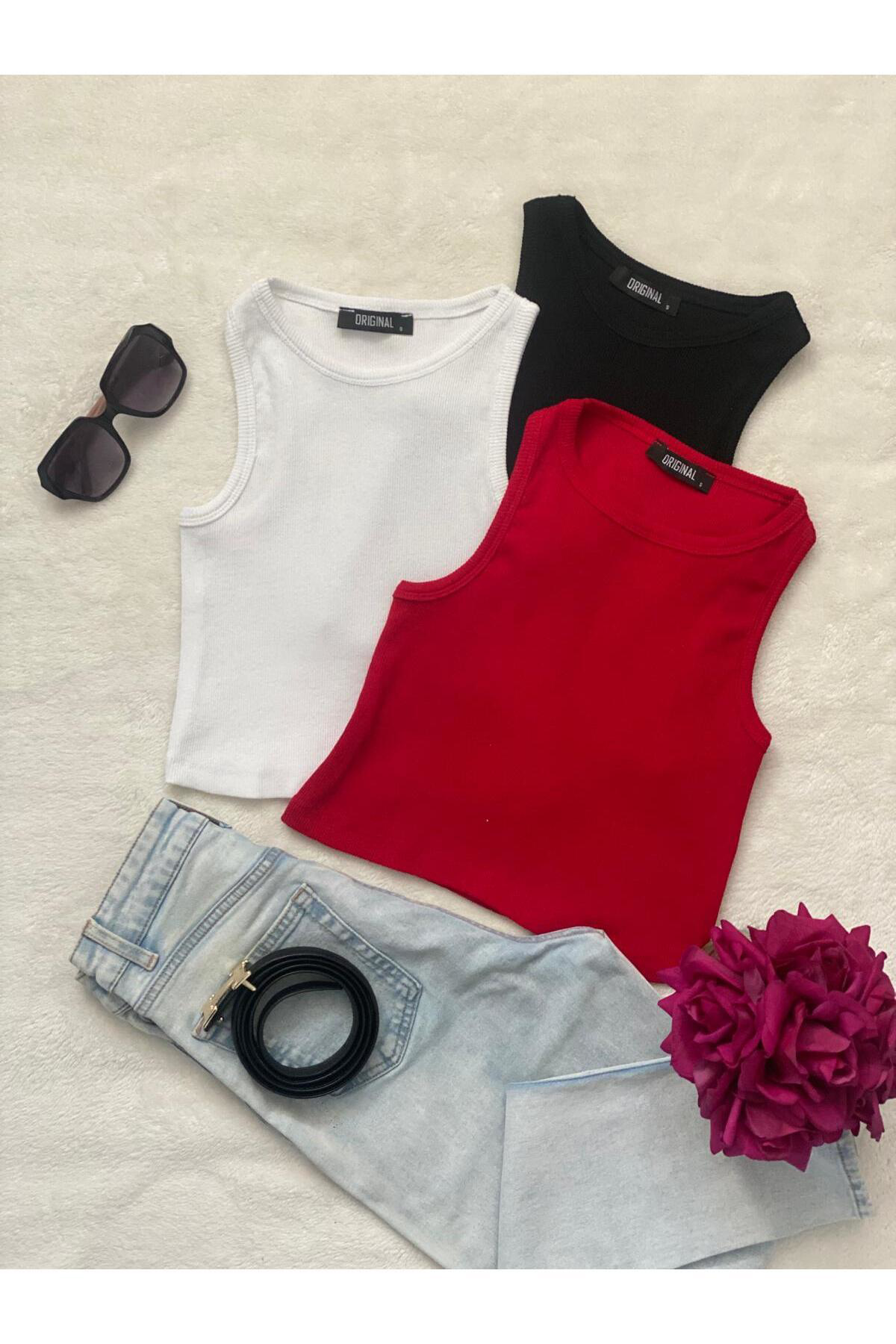 3'lü Adet Kadın Halter Yaka Fitilli Askılı Sıfır Kol Crop Bluz