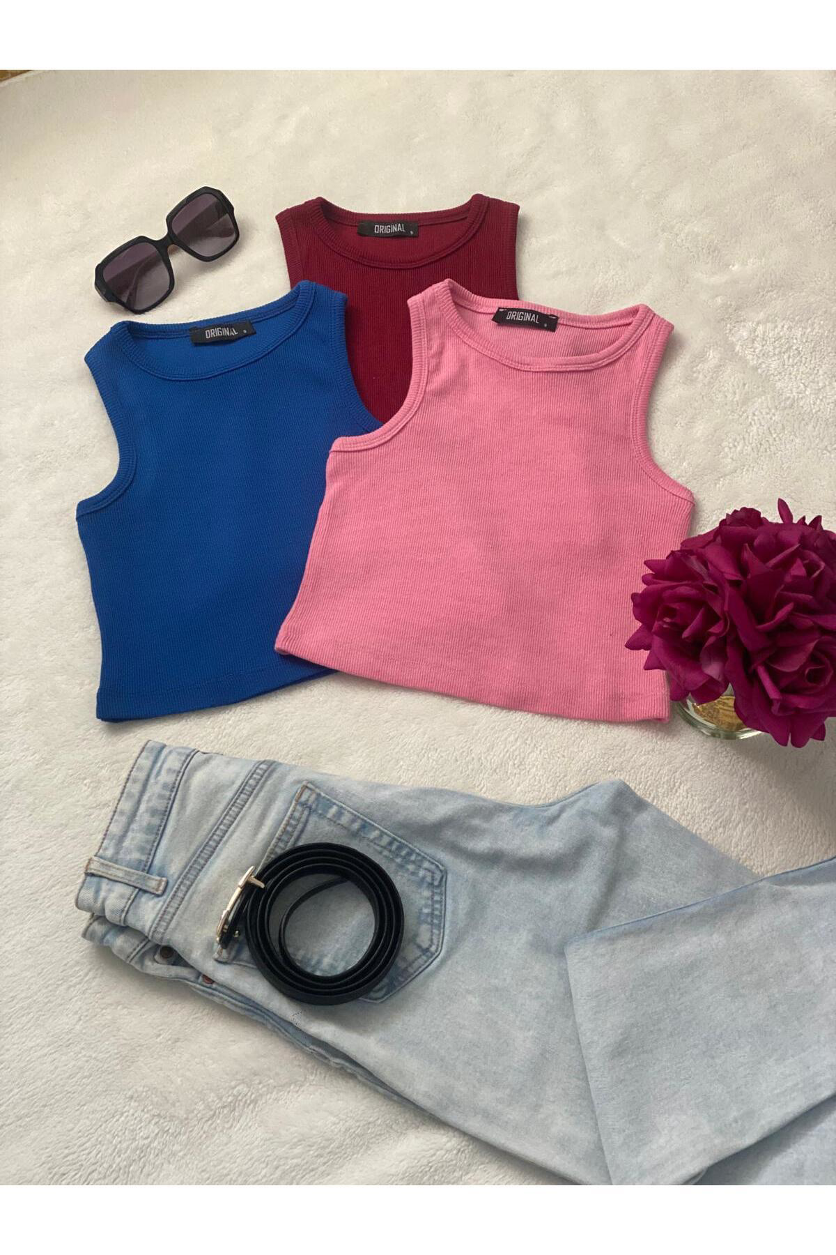 3'lü Adet Kadın Halter Yaka Fitilli Askılı Sıfır Kol Crop Bluz