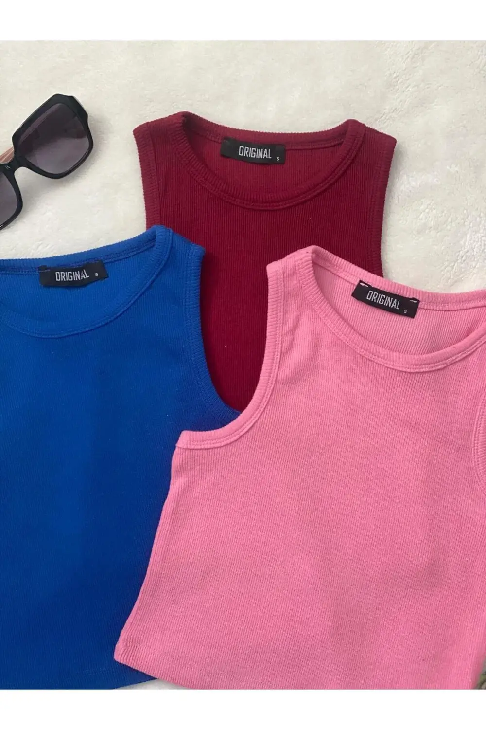 3'lü Adet Kadın Halter Yaka Fitilli Askılı Sıfır Kol Crop Bluz
