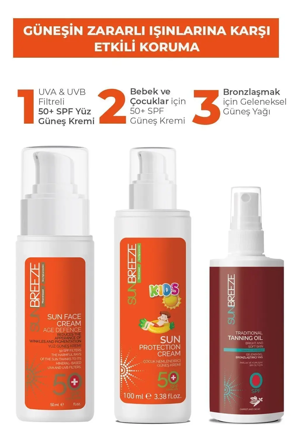 3'Lü Aile Güneş Seti 50+SPF Yüz Güneş Kremi , 50+SPF Çoçuk Güneş