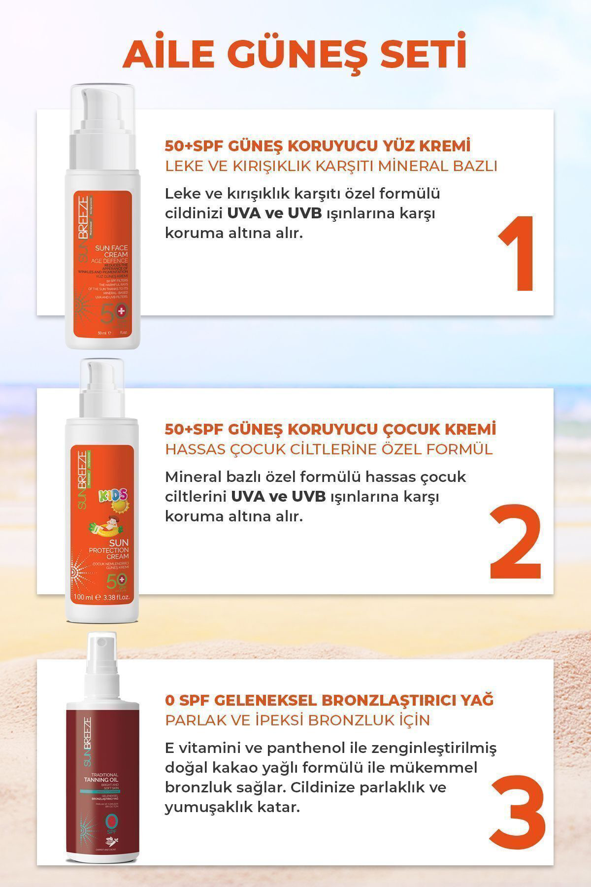 Sun Breeze 3'Lü Aile Güneş Seti 50+Spf Yüz Güneş Kremi , 50+Spf Çoçuk Güneş