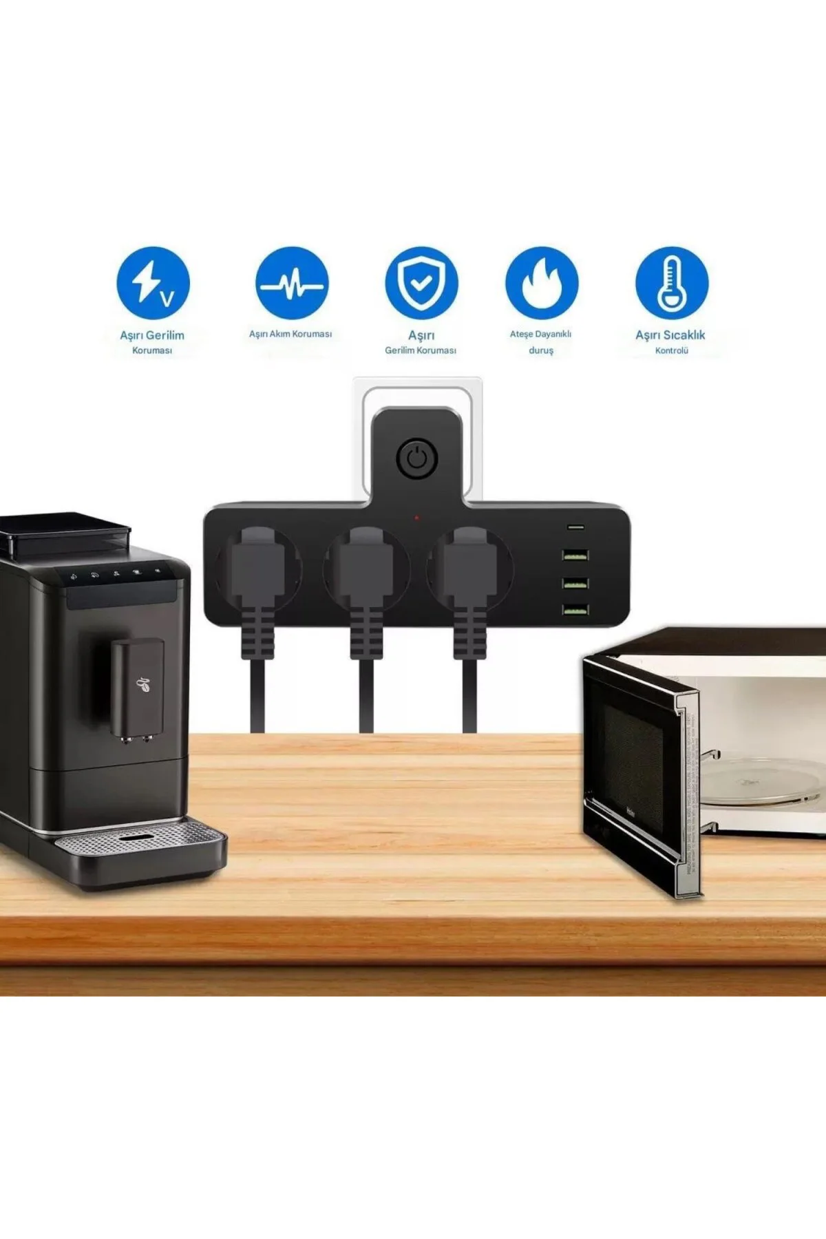 3’lü Akım ve Termal Korumalı Priz – 3x USB-A + 1x USB-C PD 20W Hı