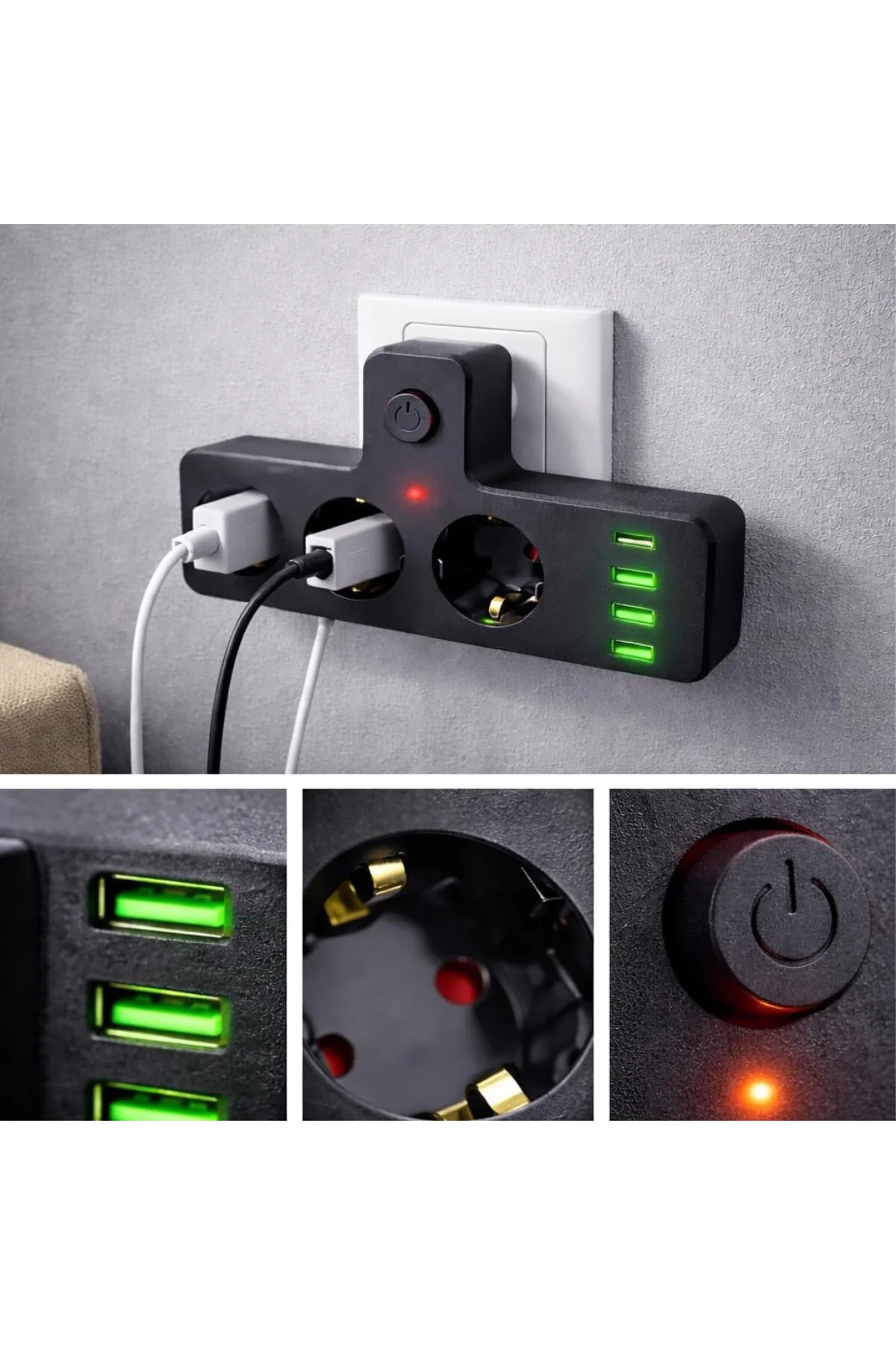 3’lü Akım ve Termal Korumalı Priz – 3x USB-A + 1x USB-C PD 20W Hı