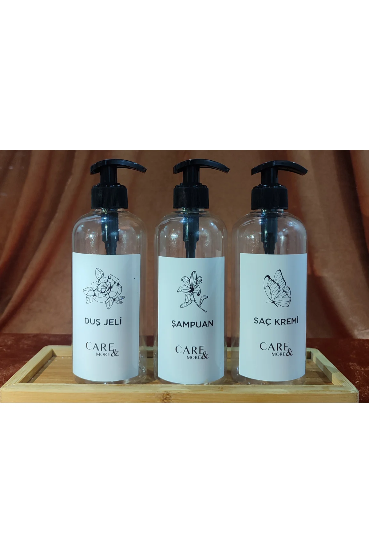 3lü Amber Banyo Set Şampuan Duş Jeli Saç Kremi Etiketli Plastik Ş