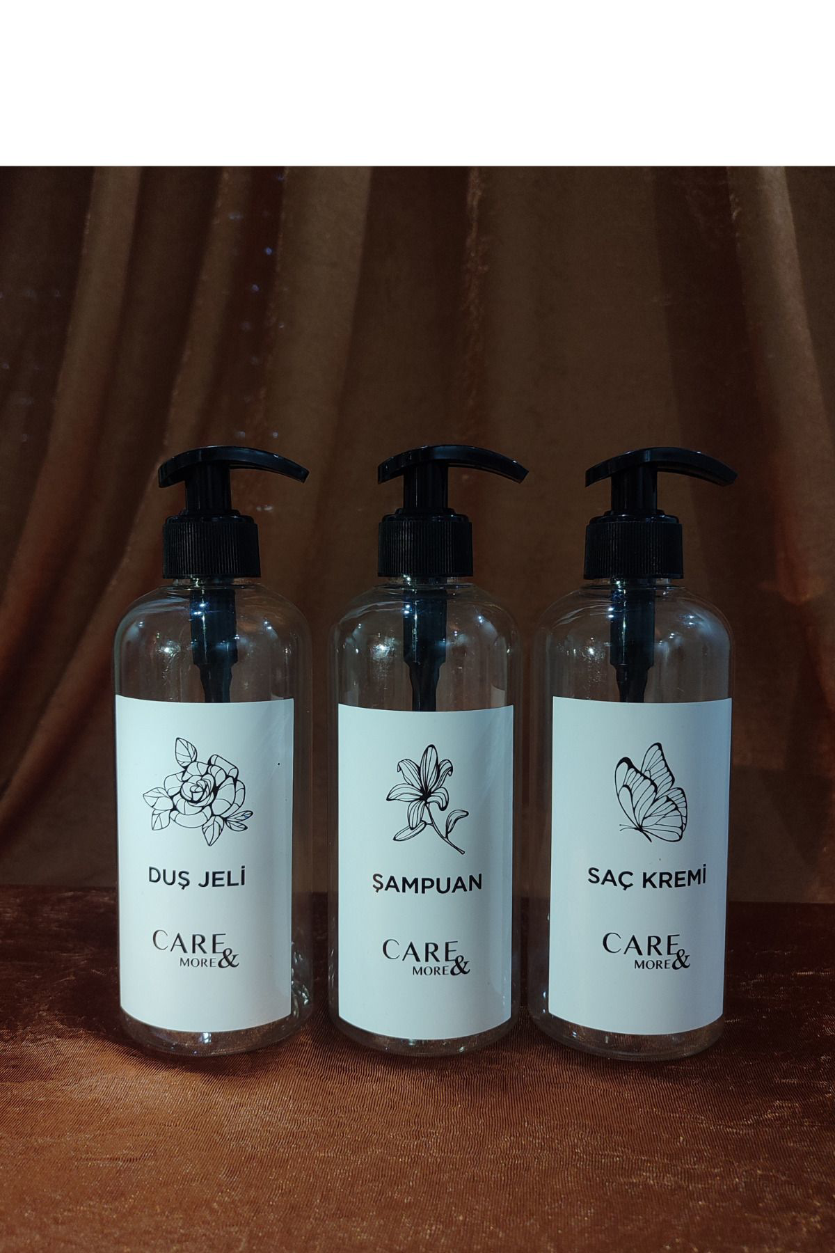 Otel Bukleti 3Lü Amber Banyo Set Şampuan Duş Jeli Saç Kremi Etiketli Plastik Ş