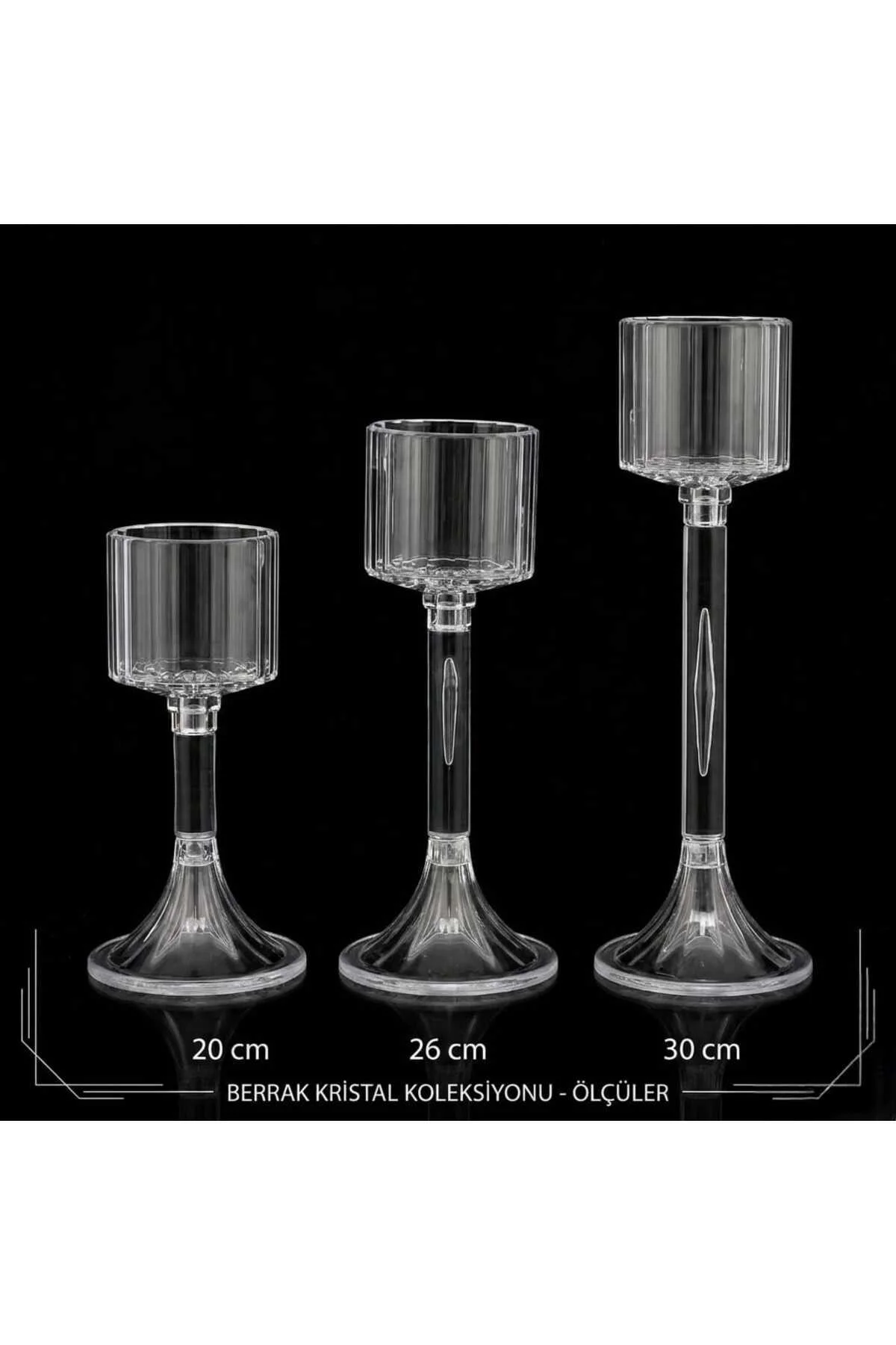 3'lü Ayaklı Kristal Görünüm Şamdan Mumluk Seti - 30-26-20 cm Lüks